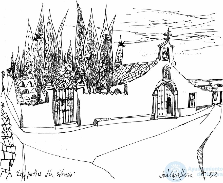 Dibujo de José Caballero de la desaparecida ermita de San Sebastián junto al Cementerio Viejo (AMH-Cuadernos de Huelva de José Caballero)