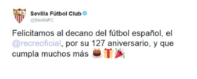 El Sevilla felicita al Recre por un cumpleaños que olvidaron Madrid, Barça y Betis