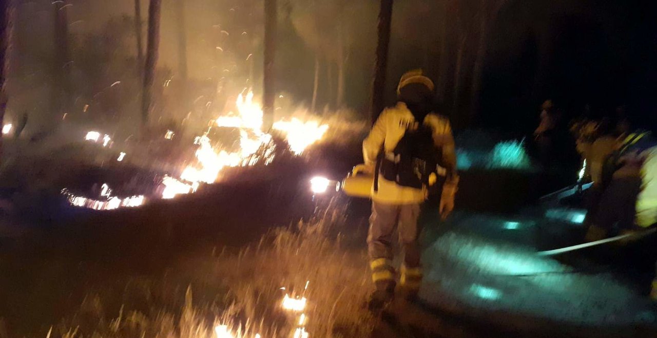Bomberos en la zona del incendio vecino de Bonares y Almonte.