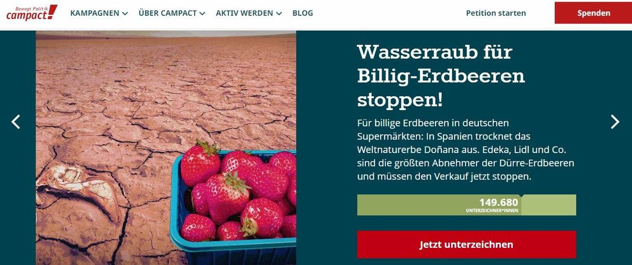 Captura de pantalla  de la campaña que va ya por 150.000 adhesiones de consumidores en Alemania