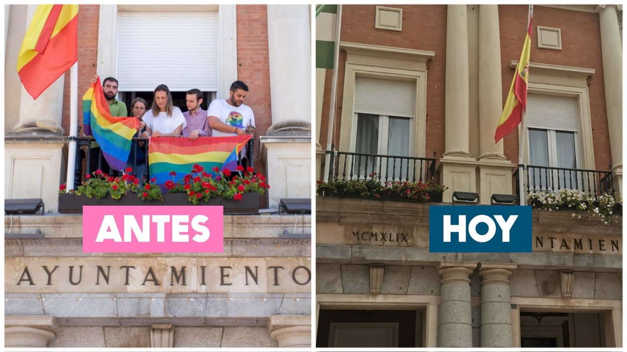 Fachada del Ayuntamiento durante el mandato de Gabriel Cruz y hoy, sin la bandera LGTBI