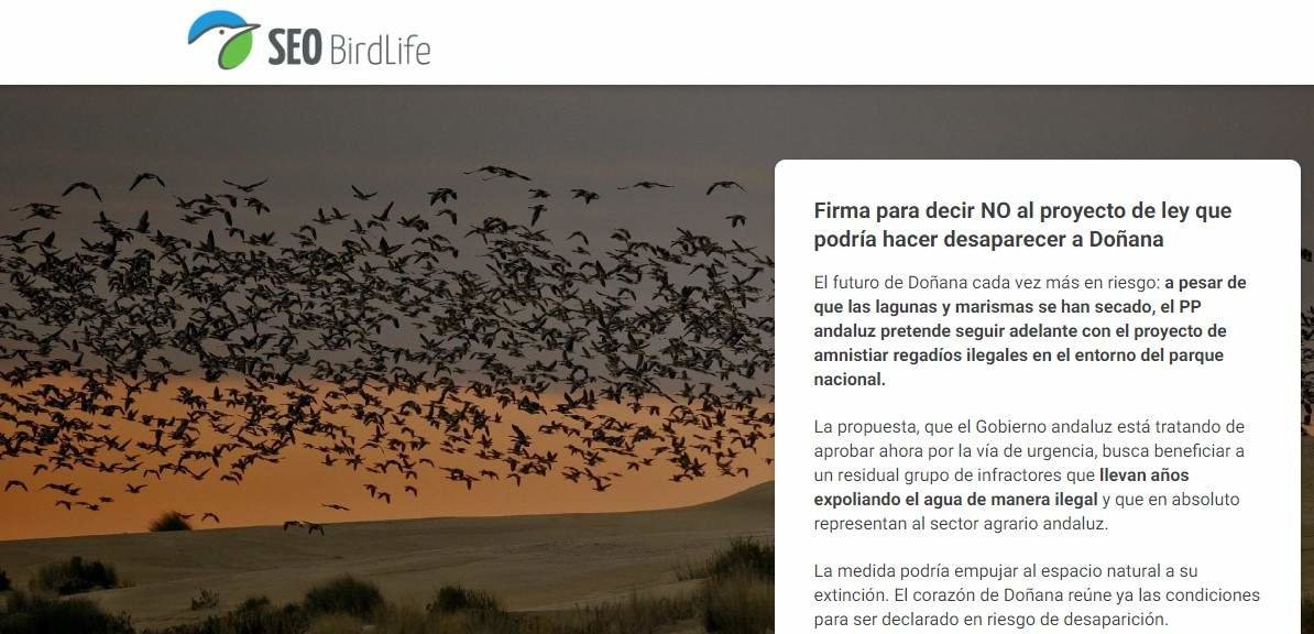 Captura de pantalla de recogida de firmas de SEO Bird-Life