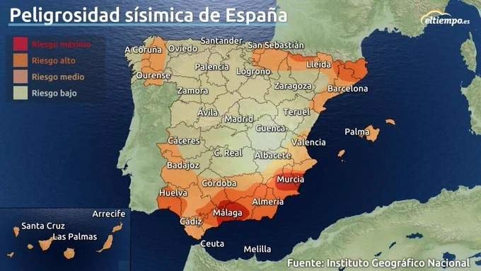 Mapa de riesgo sísmico, con Huelva destacada