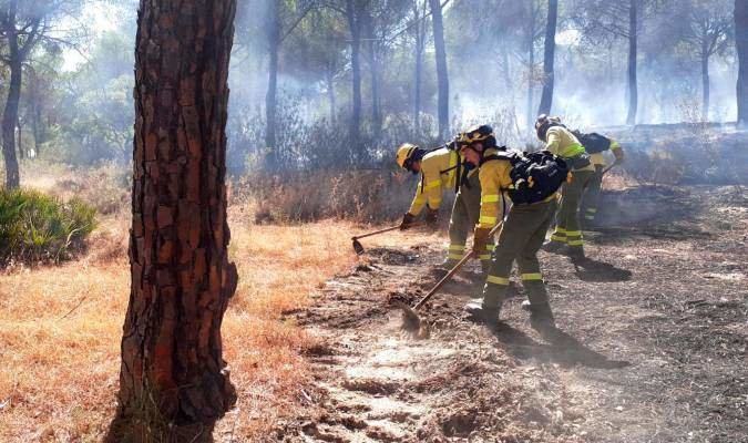 Bomberos forestales en un incendio en Almonte de este verano (Foto: Infoca)