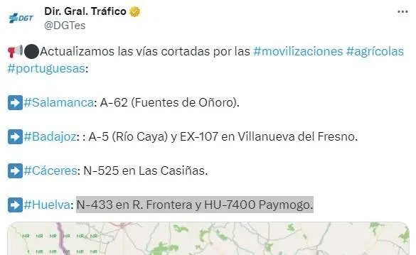 Captura de pantalla de la DGT con las carreteras afectadas