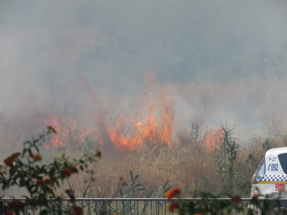 Un vehículo policial junto al incendio del Parque Moret