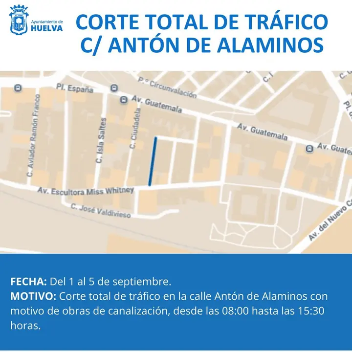 Calle que permanecerá cerrada al tráfico durante cinco días en horario de 8 a 15.30 horas / Fotografía: Ayuntamiento de Huelva.