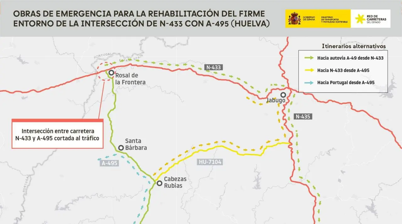 Cortes de tr&aacute;fico en la N-433 por obras de rehabilitaci&oacute;n del firme en Rosal de la Frontera