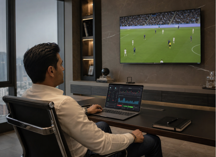 Hombre viendo fútbol y gráficos de apuestas en una oficina moderna