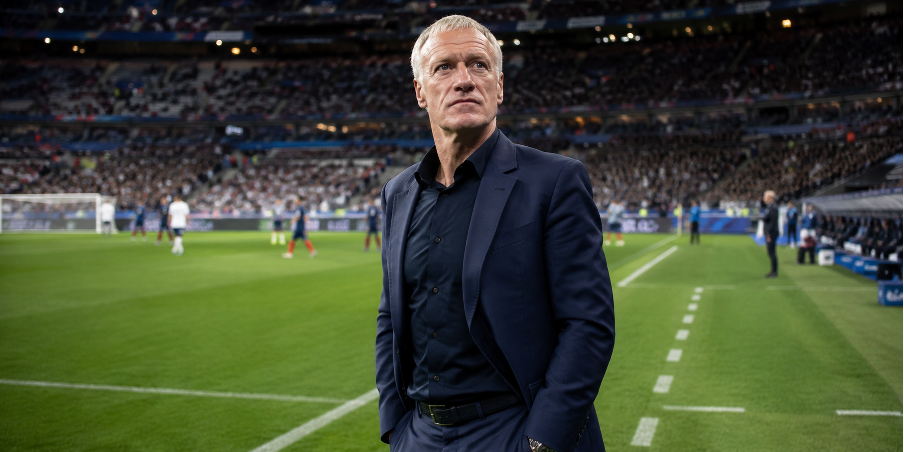 Didier Deschamps, vestido con un traje oscuro, se encuentra junto al terreno de juego en un estadio abarrotado