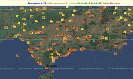 Mapa de temperaturas, donde se observa la de Huelva.