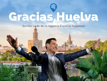 Cartel de Por Huelva para criticar el papel del presidente Juanma Moreno.