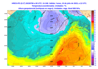 Mapa de previsión con la dorsal térmica presente