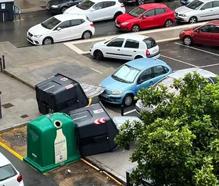 Contenedores volcados en la capital onubense por efectos de las rachas de viento (Foto: MMagdalena)