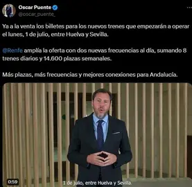 Captura de pantalla del TT (X) del ministro Oscar Puente dando a conocer los nuevos trenes para Huelva