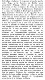 Escrito/mensaje enviado por la Junta y el DUA a l@s afectados en el proceso de adjudicación de plazas en los Grados
