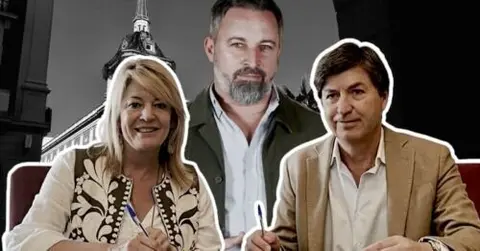 Montaje del PSOE para recordar el pacto de Miranda con VOX en Huelva