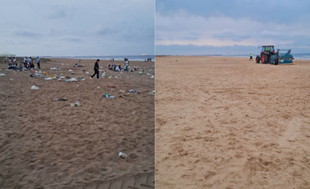 A la izquierda, el antes de la limpieza, a la derecha, la imagen de la playa una vez terminados los trabajos.