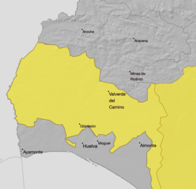 Aviso amarillo hoy en buena parte de la provincia de Huelva.