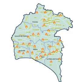 Mapa de la provincia con las localidades que han sufrido incendios.