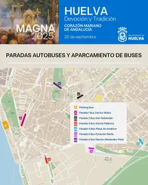 Mapa específico de los aparcamientos de autobuses y paradas para la Magna Mariana del sábado.