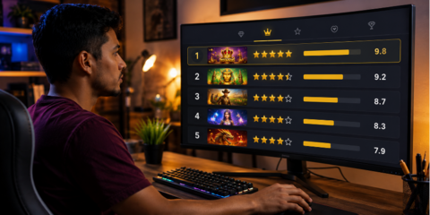 Hombre observa un ranking de tragamonedas en un monitor grande
