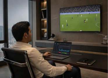 Hombre viendo fútbol y gráficos de apuestas en una oficina moderna