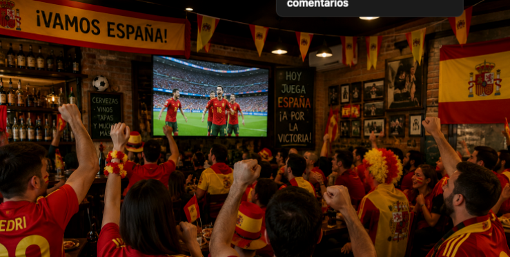 Recreaci&oacute;n del ambiente en un bar animando a Espa&ntilde;a.