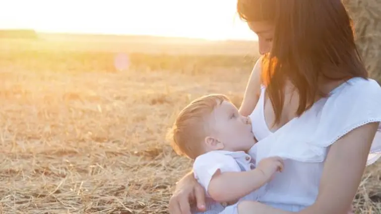 Beautiful happy mother breastfeeding her baby boy outdoor. Mother breastfeeding in a field at sunset in nature. Healthy eating.