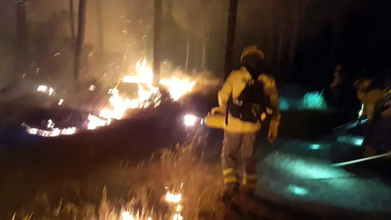 Bomberos en la zona del incendio vecino de Bonares y Almonte.