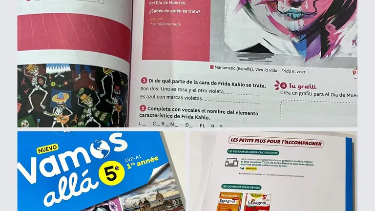 Libro de texto francés que utiliza la obra de Manomatic para enseñar español