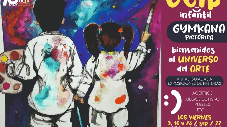 La imagen, generada por Inteligencia Artificial, nos muestra a unos niños vestidos de astronautas pintando el universo tal y como ellos lo ven. La imagen tiene un “estilo” expresionista.