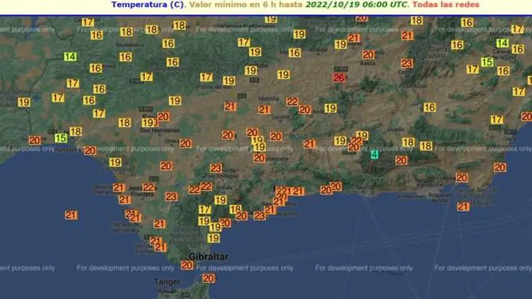 Mapa de temperaturas, donde se observa la de Huelva.