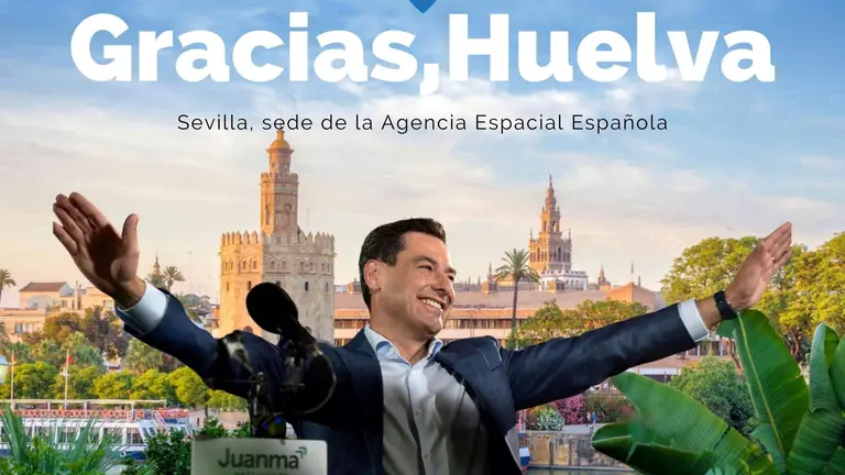 Cartel de Por Huelva para criticar el papel del presidente Juanma Moreno.