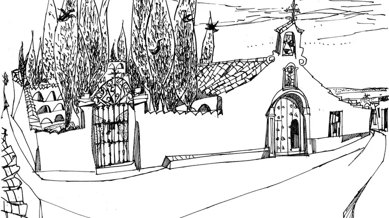 Dibujo de José Caballero de la desaparecida ermita de San Sebastián junto al Cementerio Viejo (AMH-Cuadernos de Huelva de José Caballero)