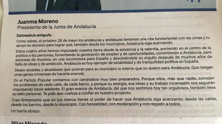 Carta de Juanma Moreno y Pilar Miranda