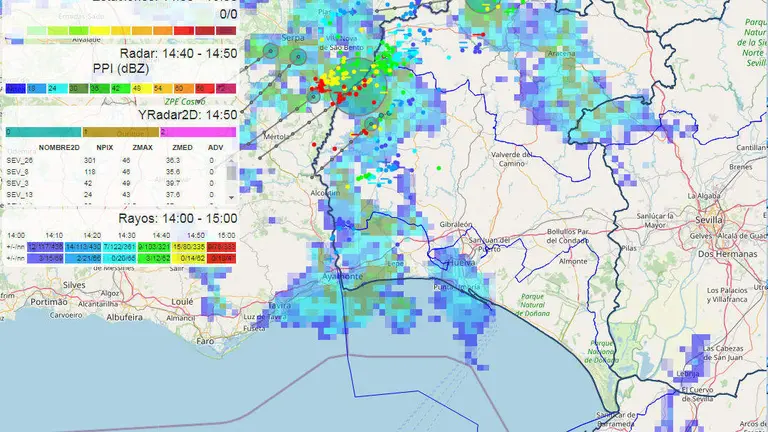 Mapa de situación esta tarde en Huelva