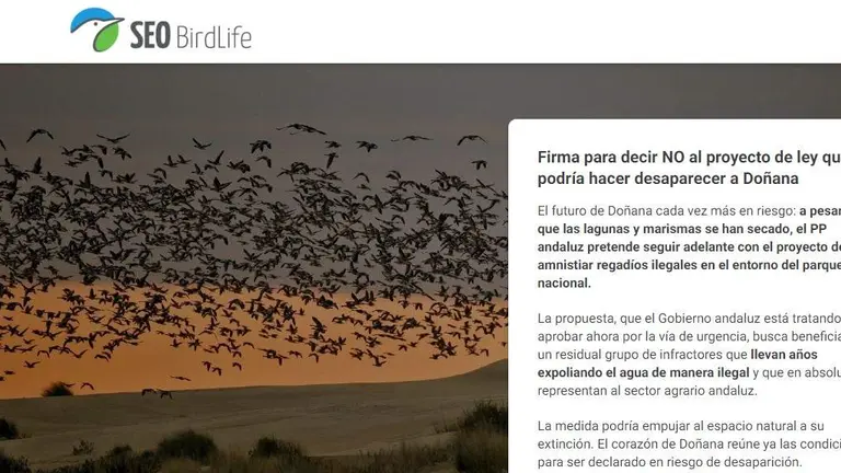 Captura de pantalla de recogida de firmas de SEO Bird-Life