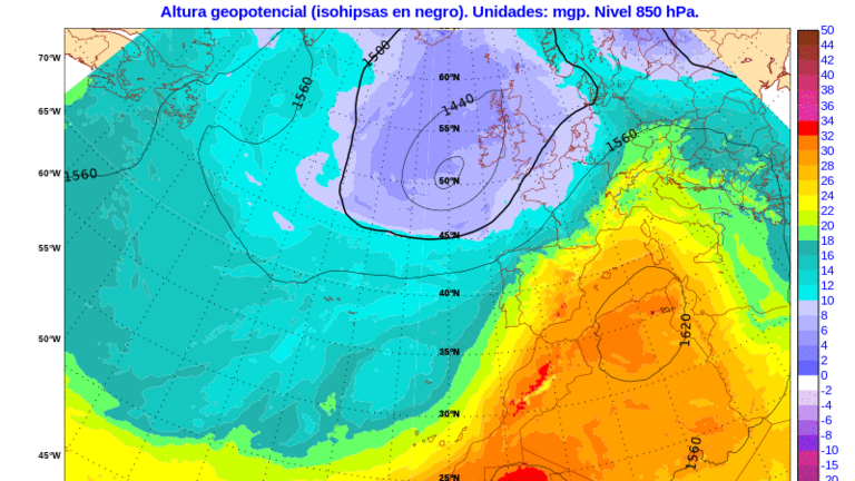 Mapa de previsión con la dorsal térmica presente