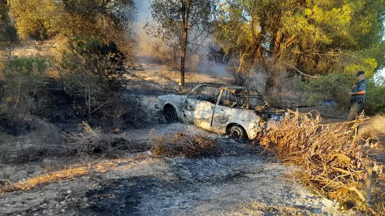 Un agente observa la zona del incendio y el vehículo calcinado