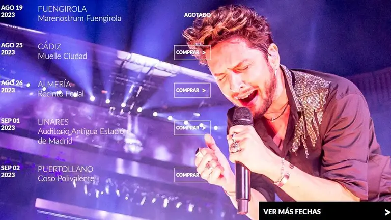 Captura de pantalla de la web del cantante isleño con las entradas aun hoy a la venta