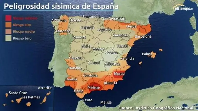 Mapa de riesgo sísmico, con Huelva destacada