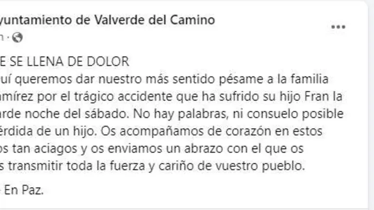 Captura de pantalla del mensaje de pésame del Ayuntamiento y la alcaldesa