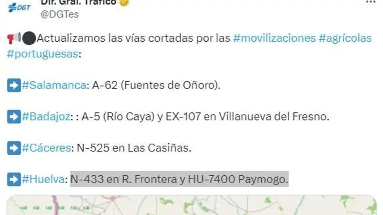 Captura de pantalla de la DGT con las carreteras afectadas