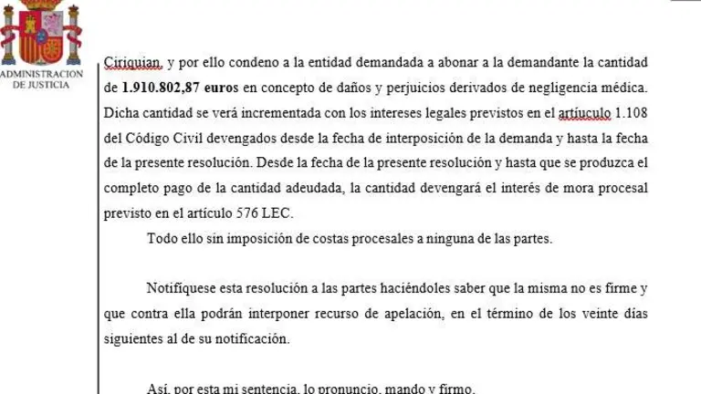 Captura de pantalla del fallo judicial