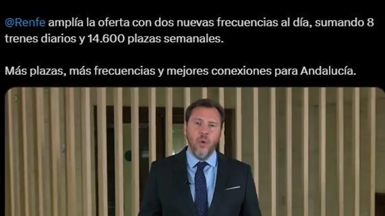 Captura de pantalla del TT (X) del ministro Oscar Puente dando a conocer los nuevos trenes para Huelva