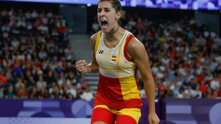 Carolina Marín tras firmar un punto.