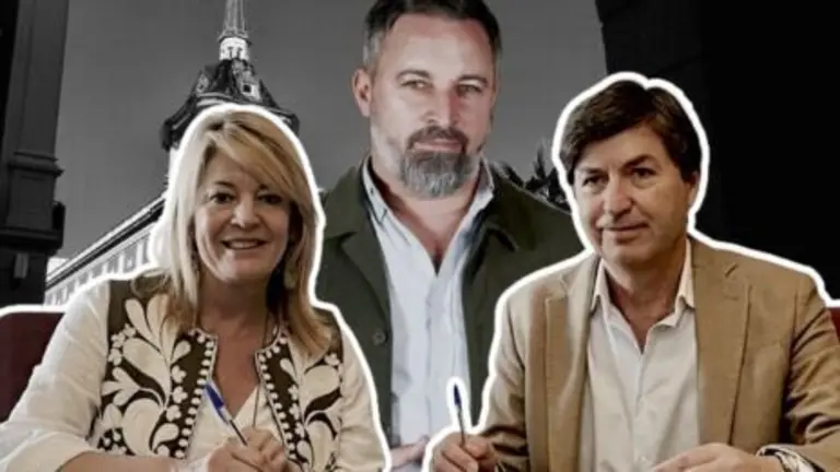 Montaje del PSOE para recordar el pacto de Miranda con VOX en Huelva