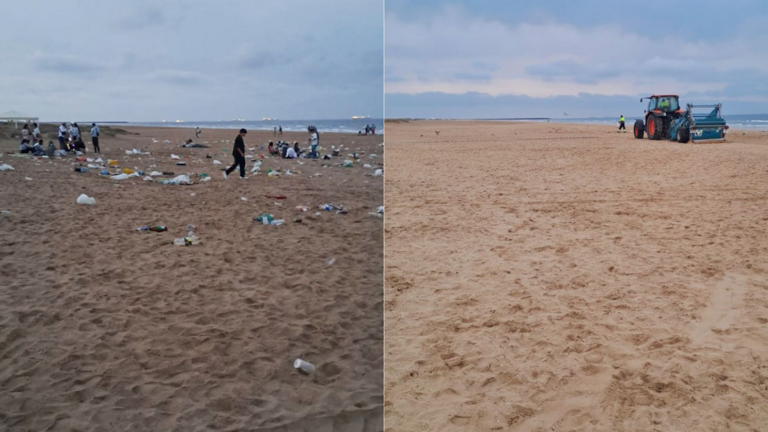A la izquierda, el antes de la limpieza, a la derecha, la imagen de la playa una vez terminados los trabajos.