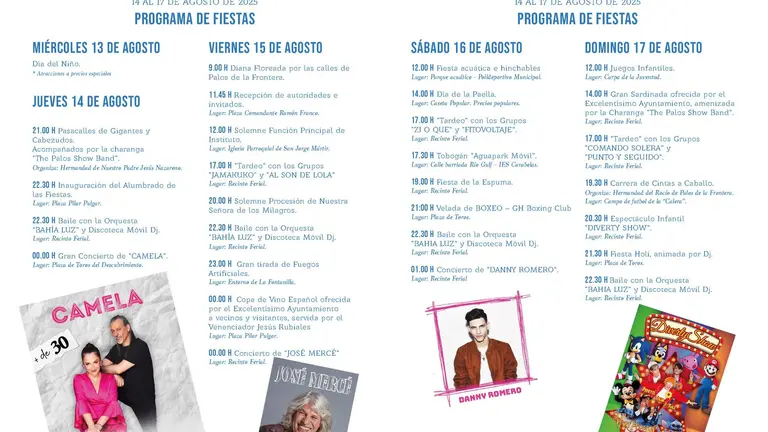 Programación de las Fiestas honor de la Virgen de los Milagros / Fotografía: Ayuntamiento de Palos de la Frontera.